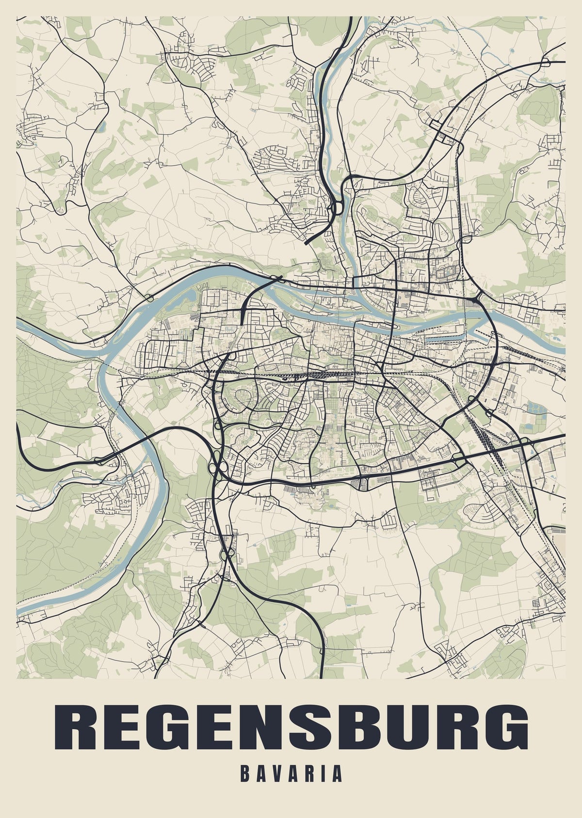 Street map poster of Regensburg, Bavaria