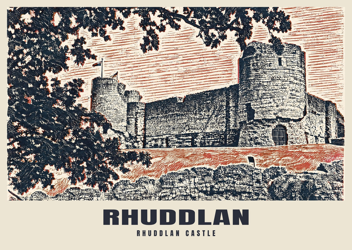 Rhuddlan Castle poster, Linocut style