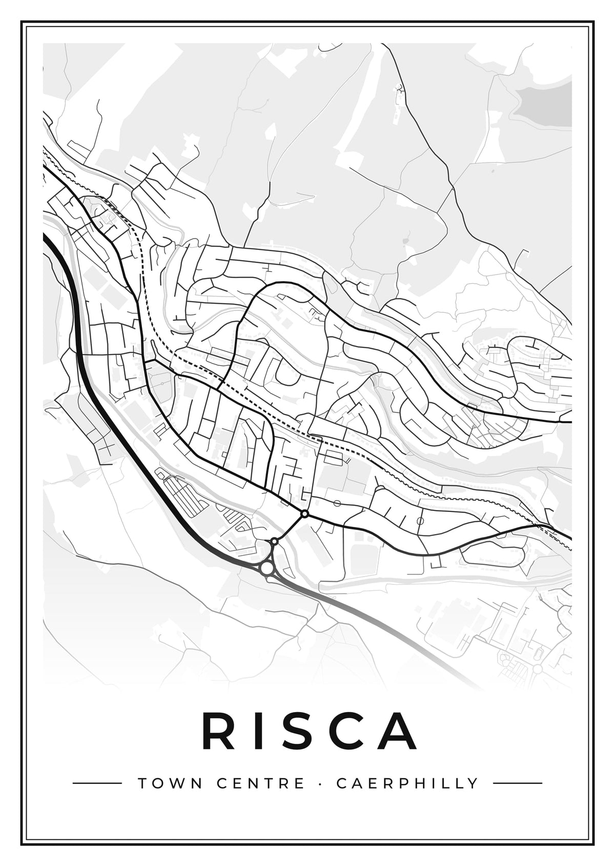 Street map poster of Risca town centre, Caerphilly