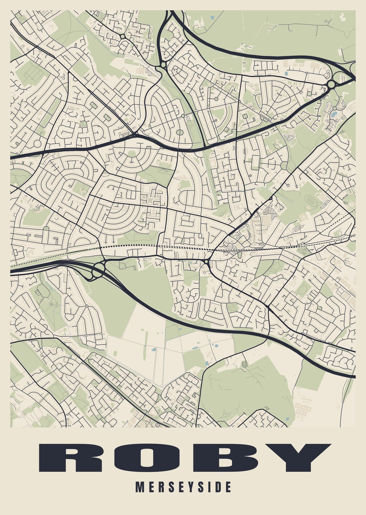 Street map poster of Roby, Merseyside