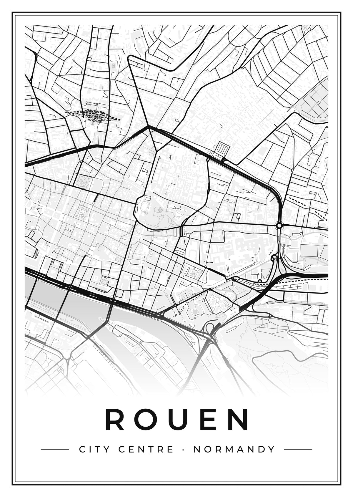 Street map poster of Rouen city centre, Normandy
