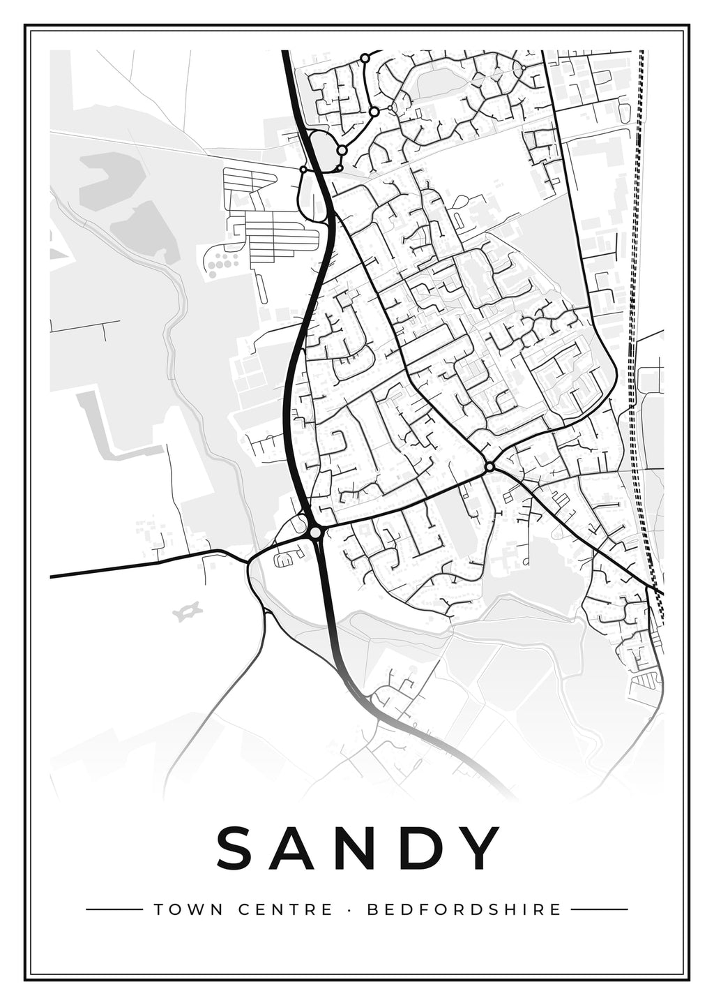 Street map poster of Sandy town centre, Bedfordshire