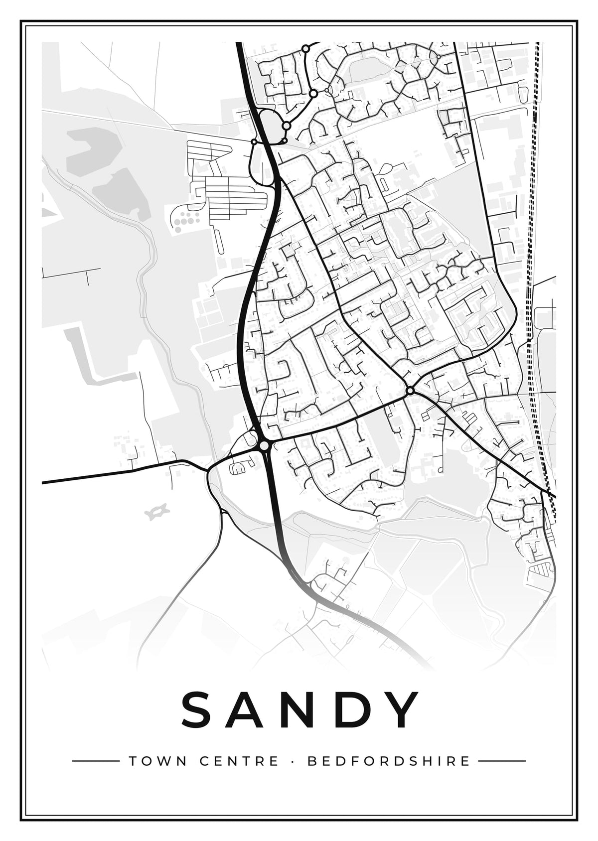Street map poster of Sandy town centre, Bedfordshire