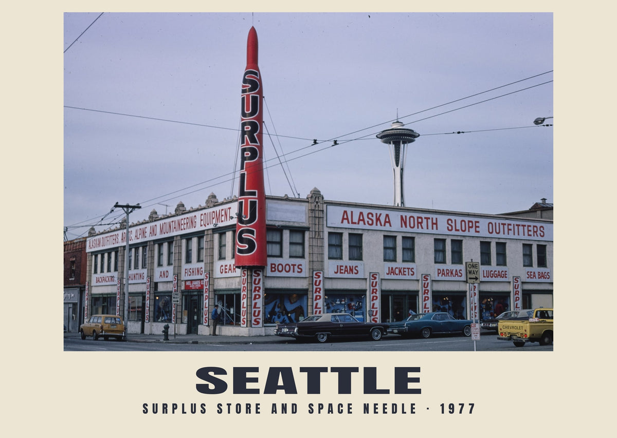 Surplus Store and Space Needle, Seattle, 1977 — Historic photograph print