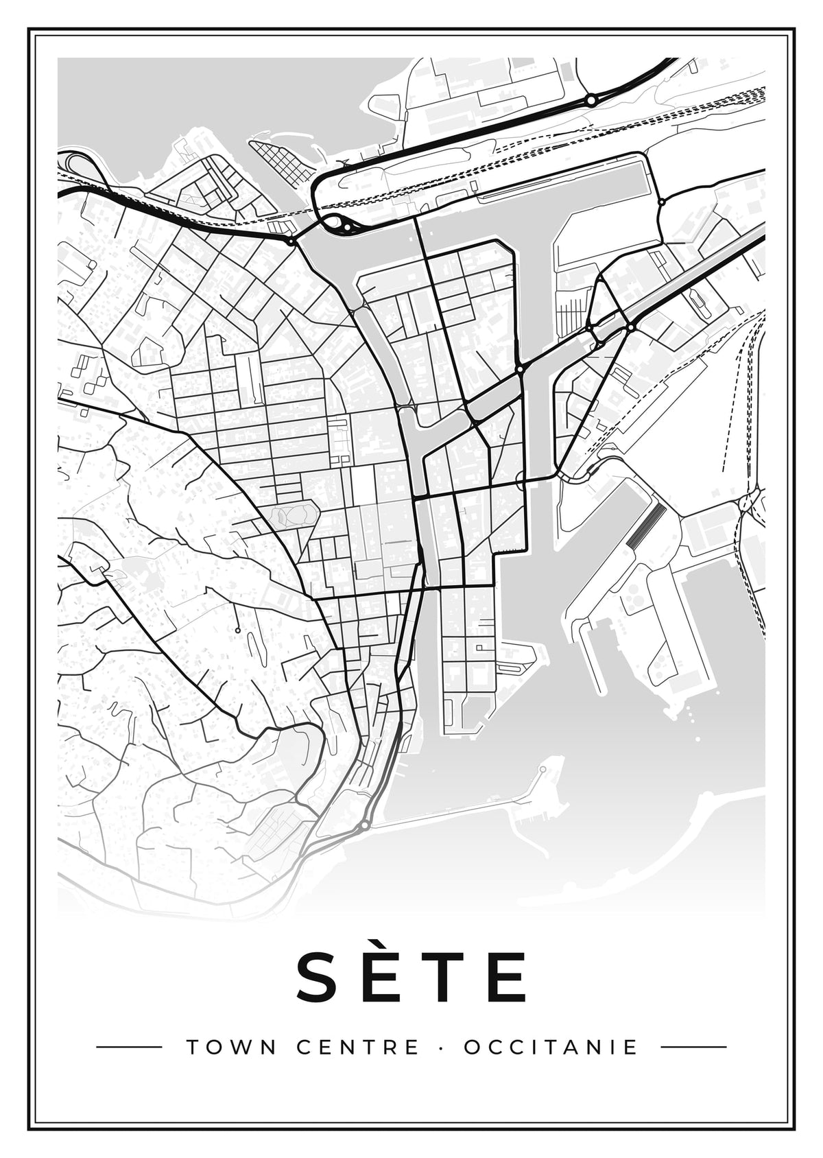 Street map poster of Sète town centre, Occitanie