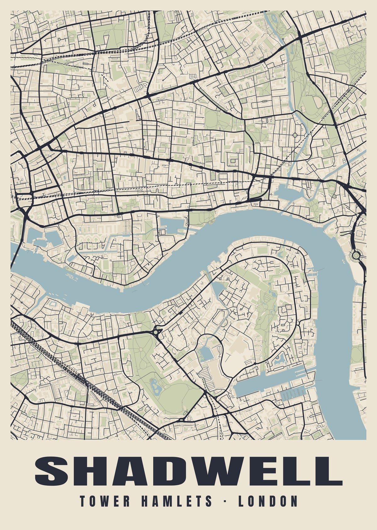 Heritage street map poster of Shadwell, Tower Hamlets, London
