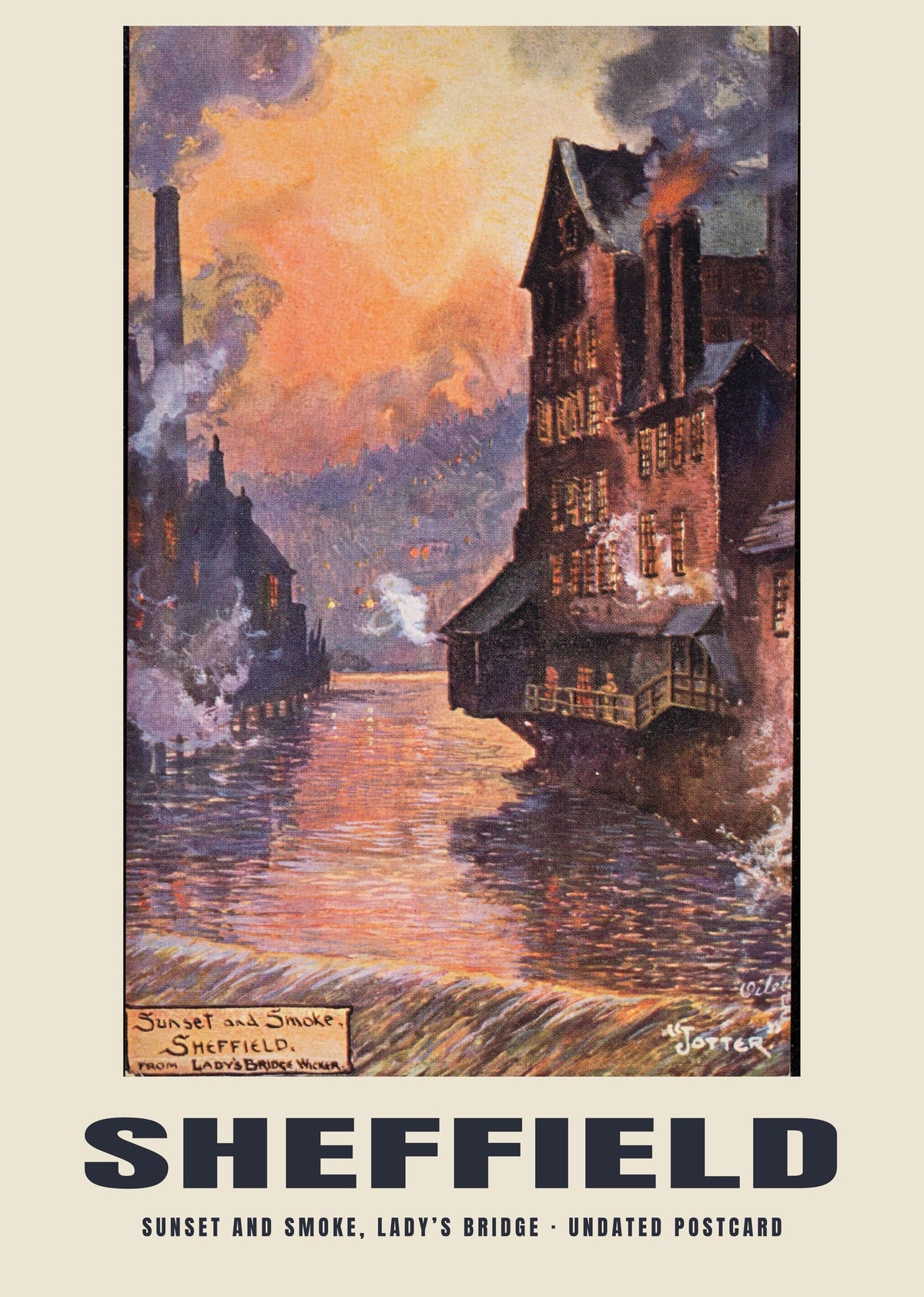 Sunset and Smoke, Lady’s Bridge, Sheffield — Historic illustrated postcard print, 20th century