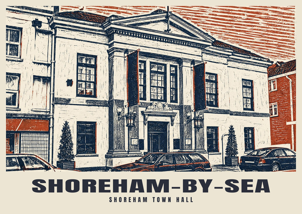 Shoreham Town Hall, Shoreham-by-Sea poster, Linocut style