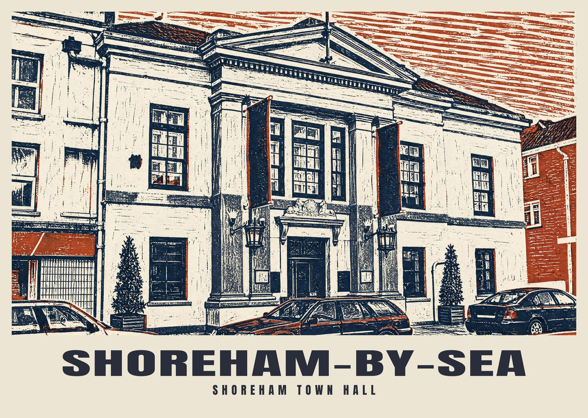 Shoreham Town Hall, Shoreham-by-Sea poster, Linocut style