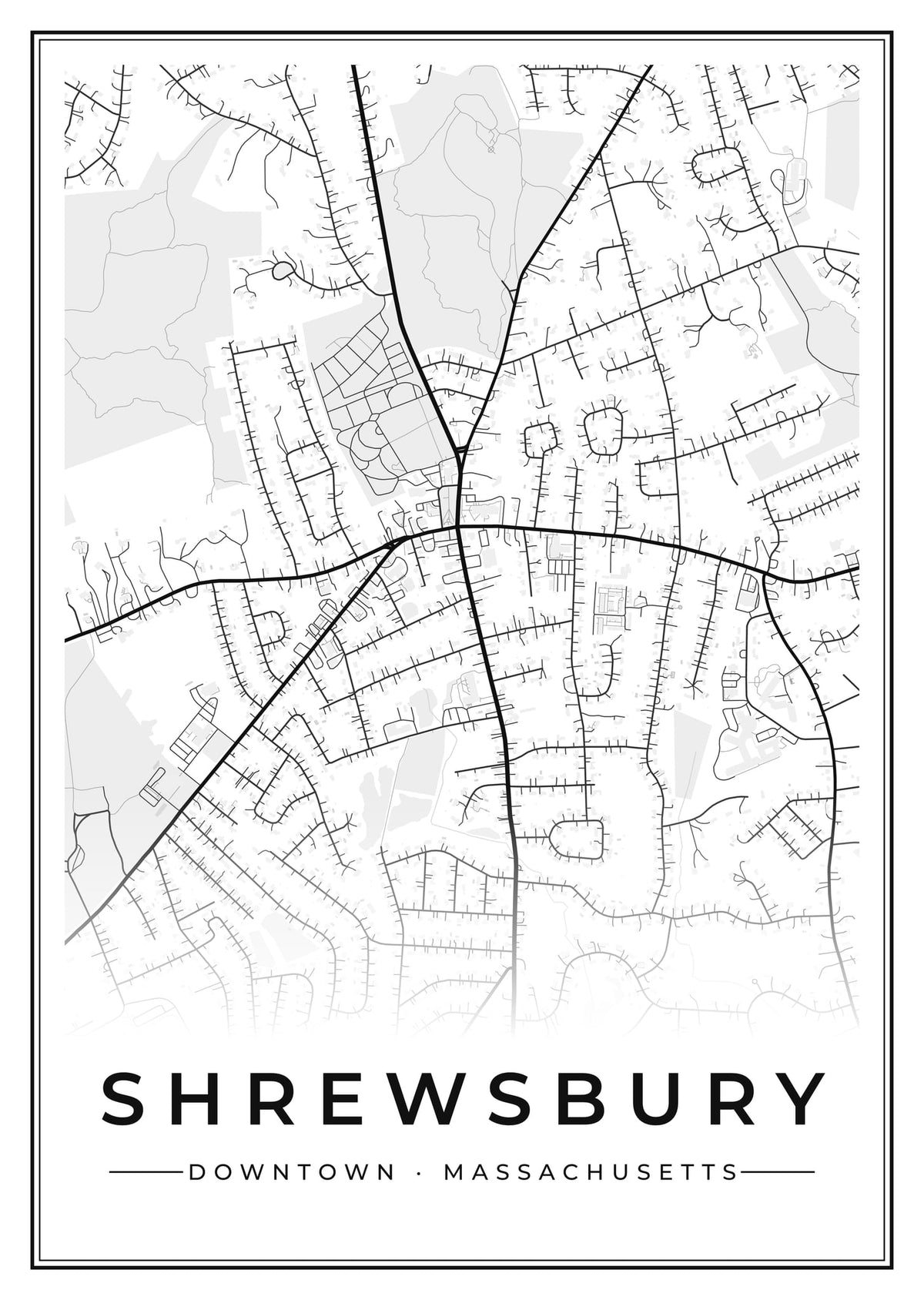 Street map poster of downtown Shrewsbury, Massachusetts