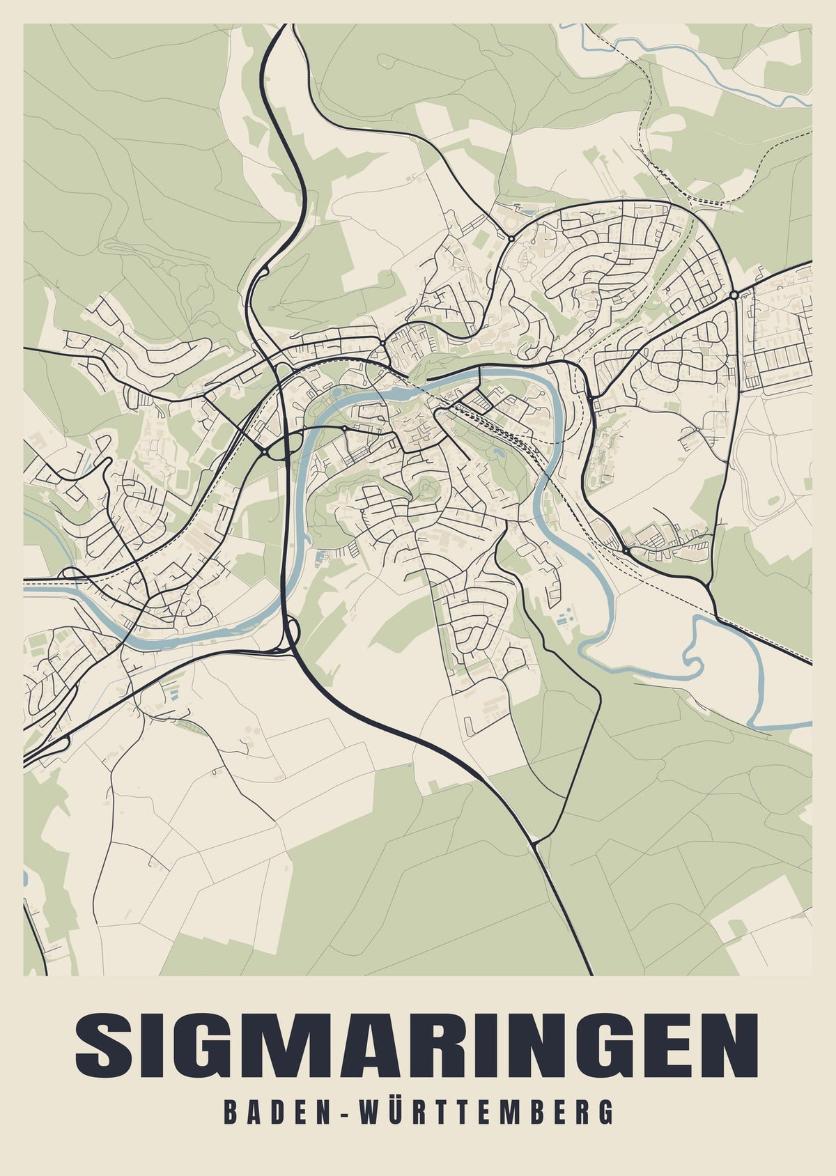 Street map poster of Sigmaringen, Baden-Württemberg