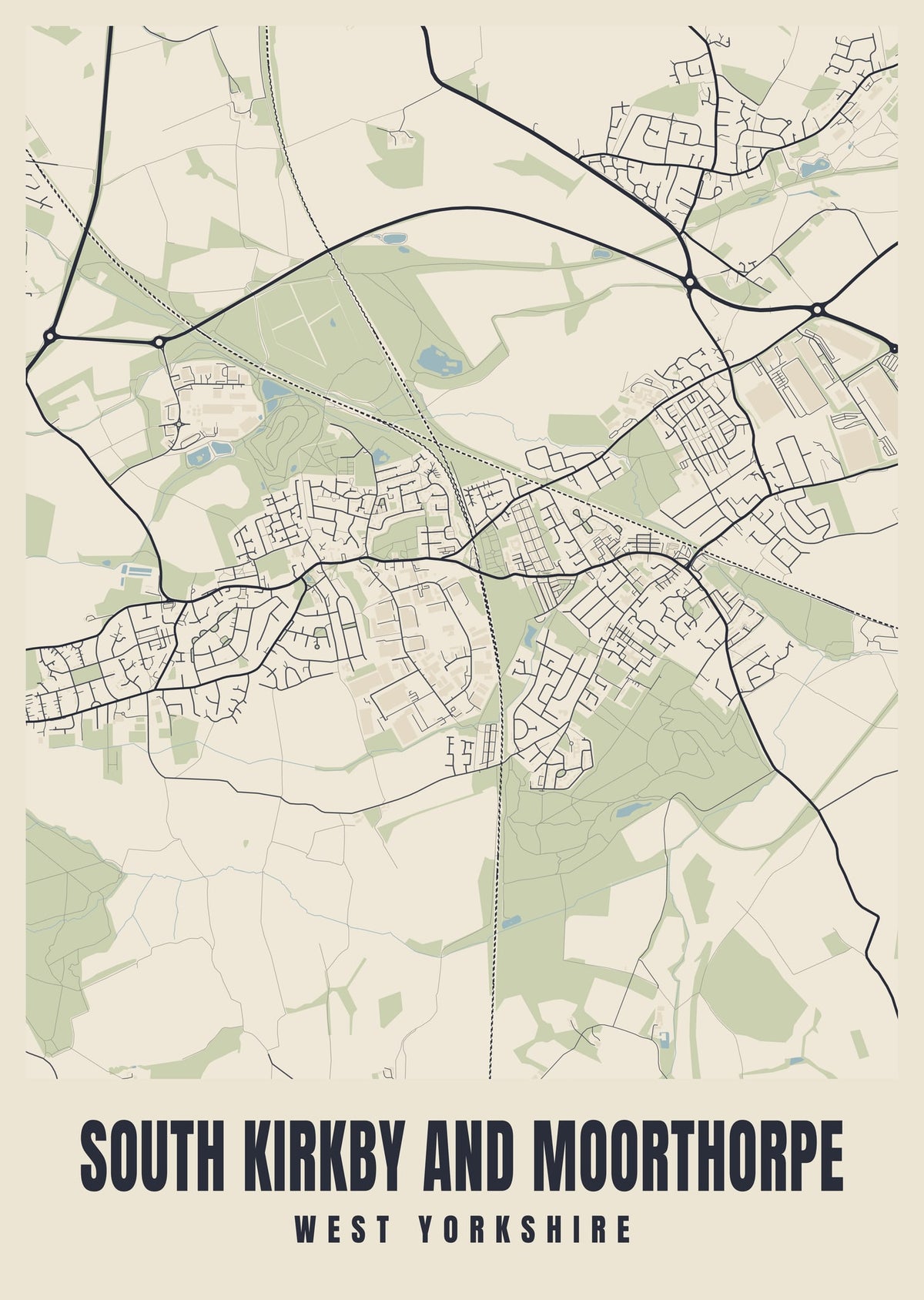 Street map poster of South Kirkby and Moorthorpe, West Yorkshire