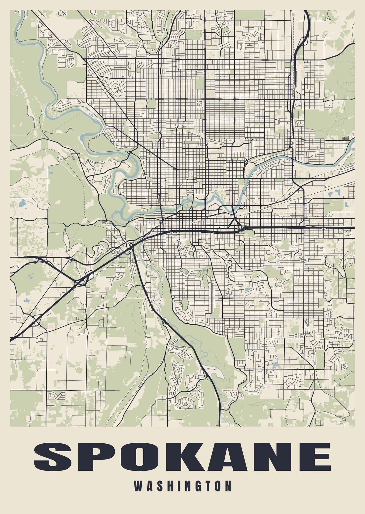 Street map poster of Spokane, Washington