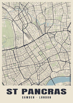 Heritage street map poster of St Pancras, Camden, London