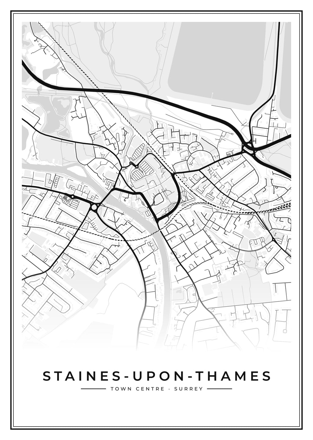Street map poster of Staines-upon-Thames town centre, Surrey
