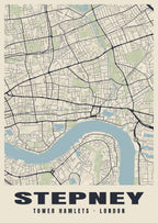 Heritage street map poster of Stepney, Tower Hamlets, London