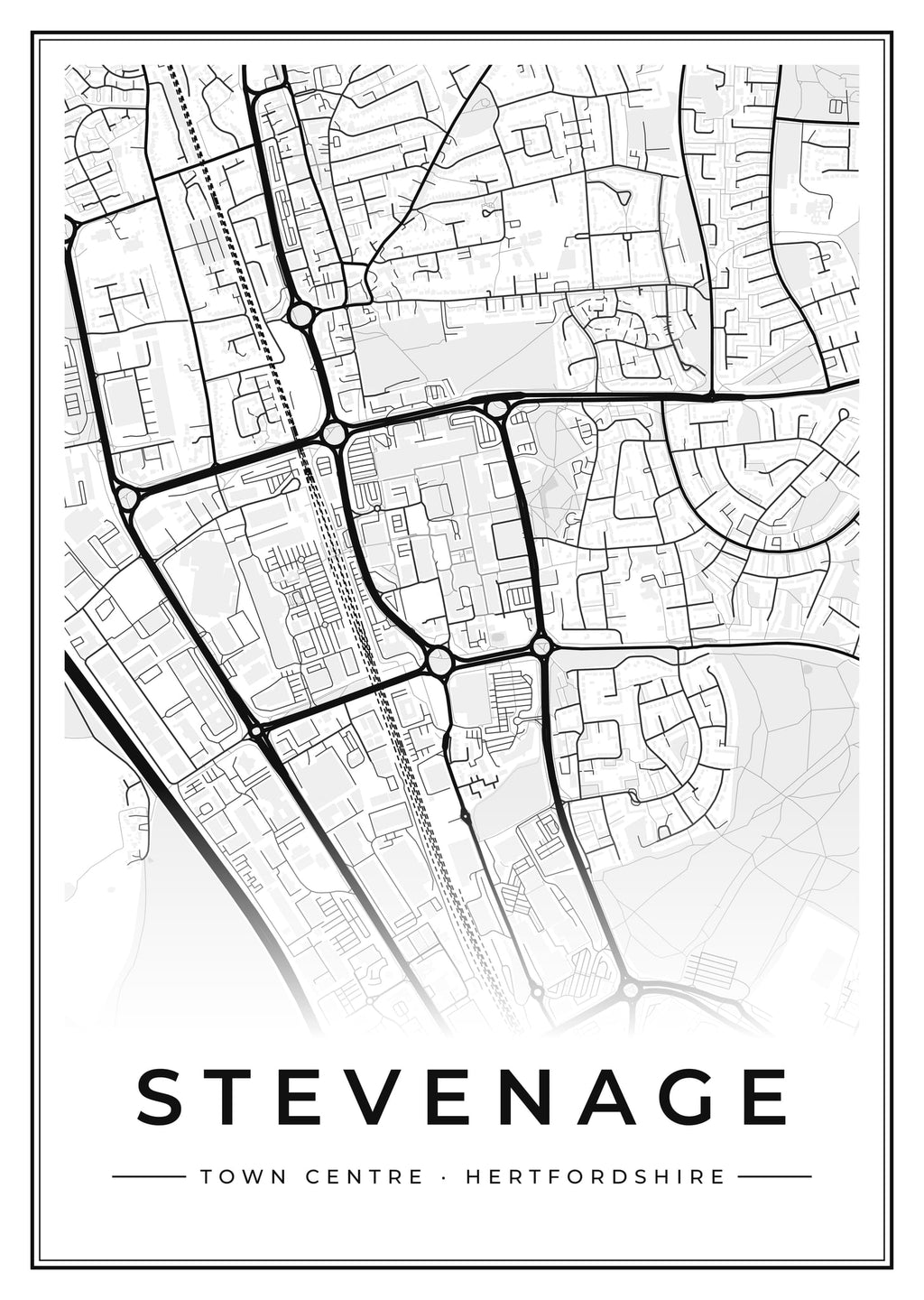 Street map poster of Stevenage town centre, Hertfordshire