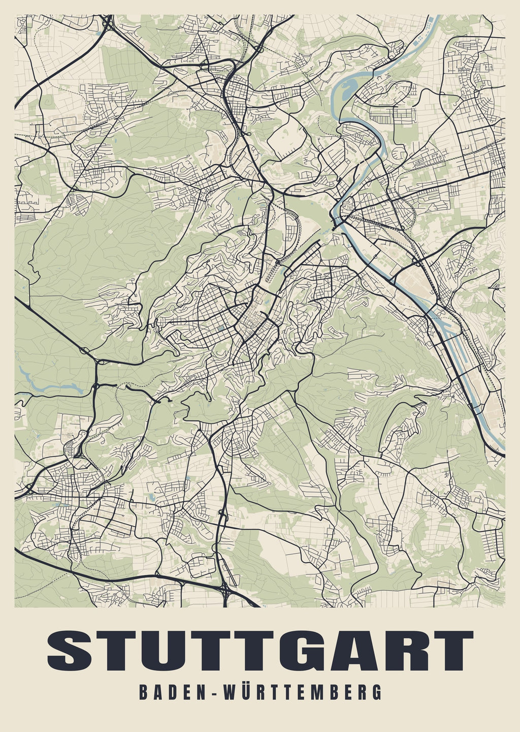 Street map poster of Stuttgart, Baden-Württemberg