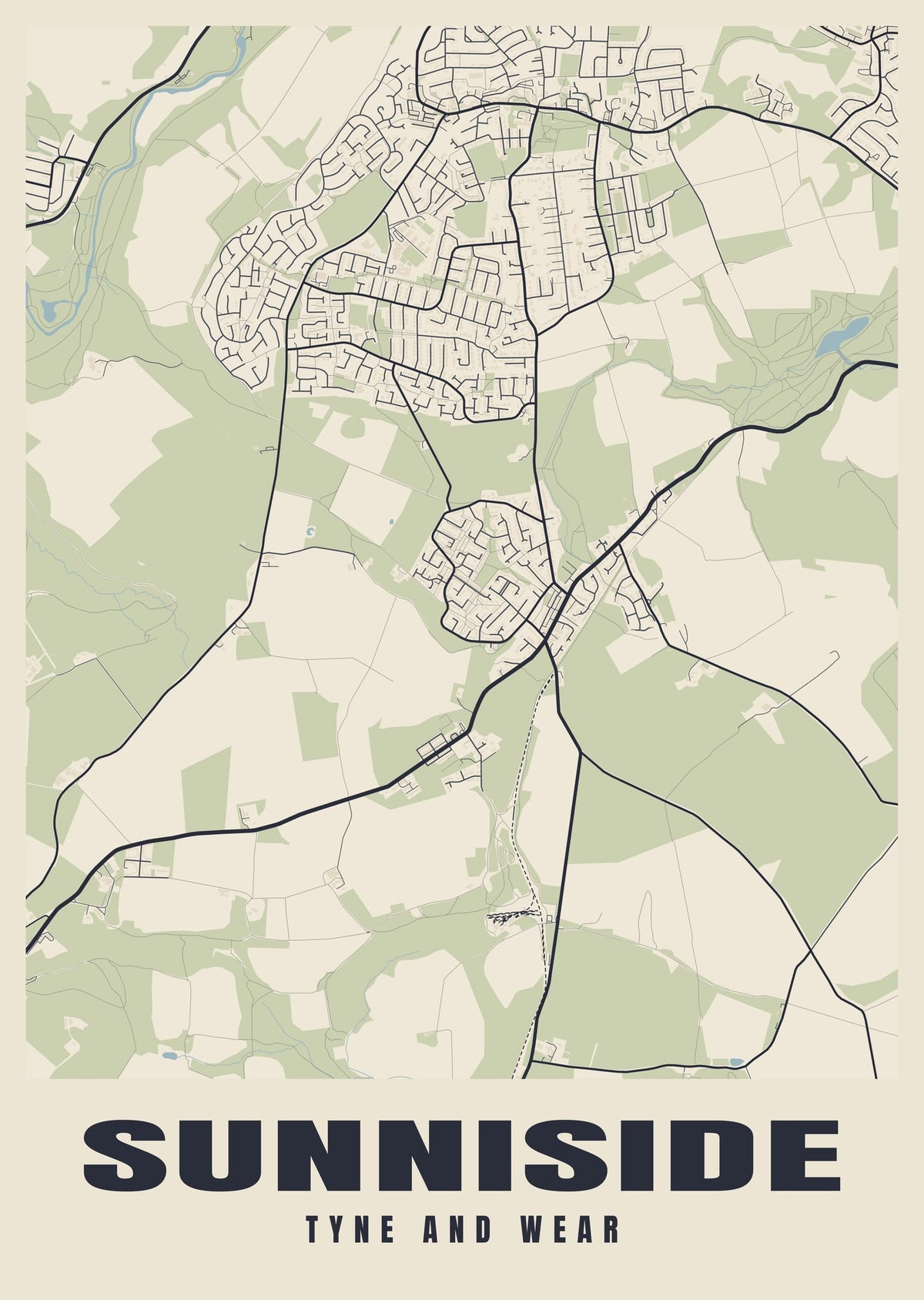 Street map poster of Sunniside, Tyne and Wear