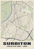 Heritage street map poster of Surbiton, Kingston upon Thames, London