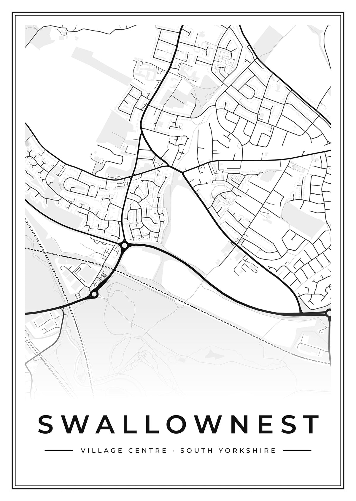 Street map poster of Swallownest village centre, South Yorkshire