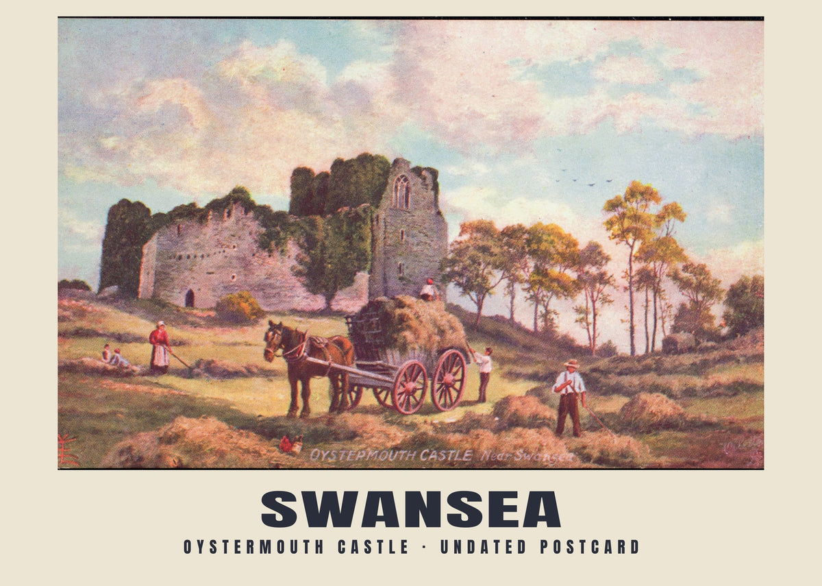 Oystermouth Castle, Swansea — Historic illustrated postcard print, 20th century