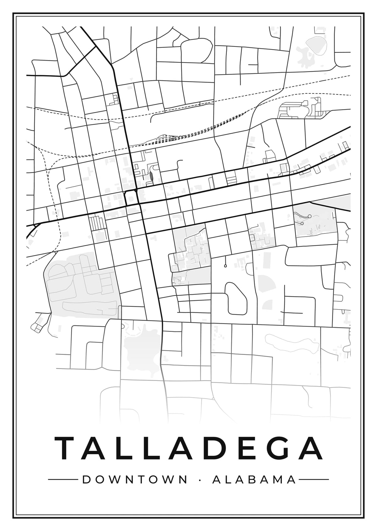 Street map poster of downtown Talladega, Alabama