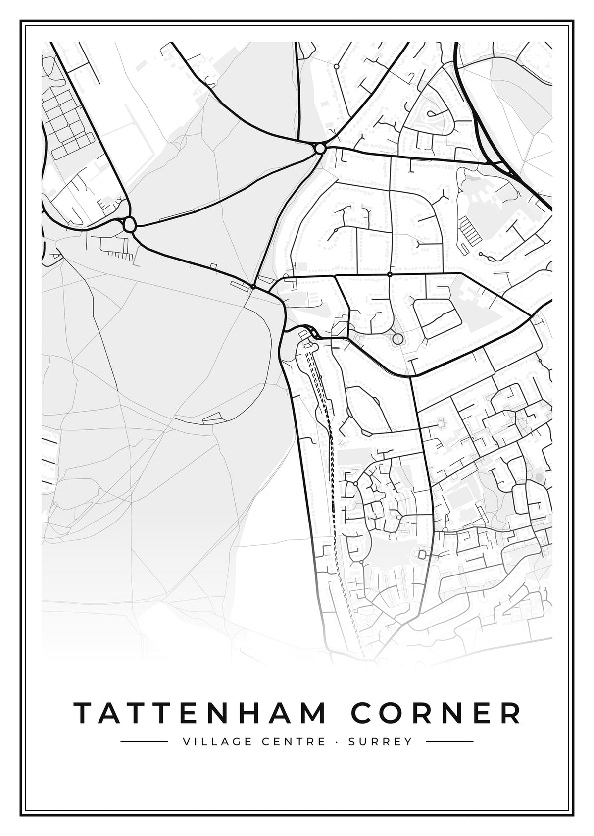 Street map poster of Tattenham Corner village centre, Surrey