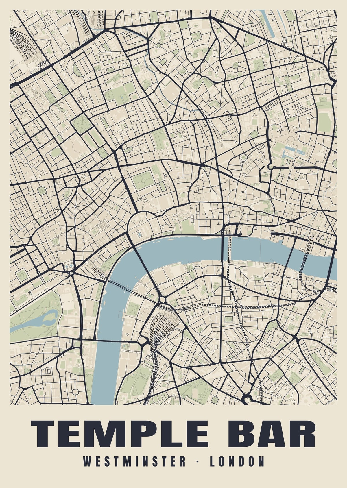 Heritage street map poster of Temple Bar, Westminster, London