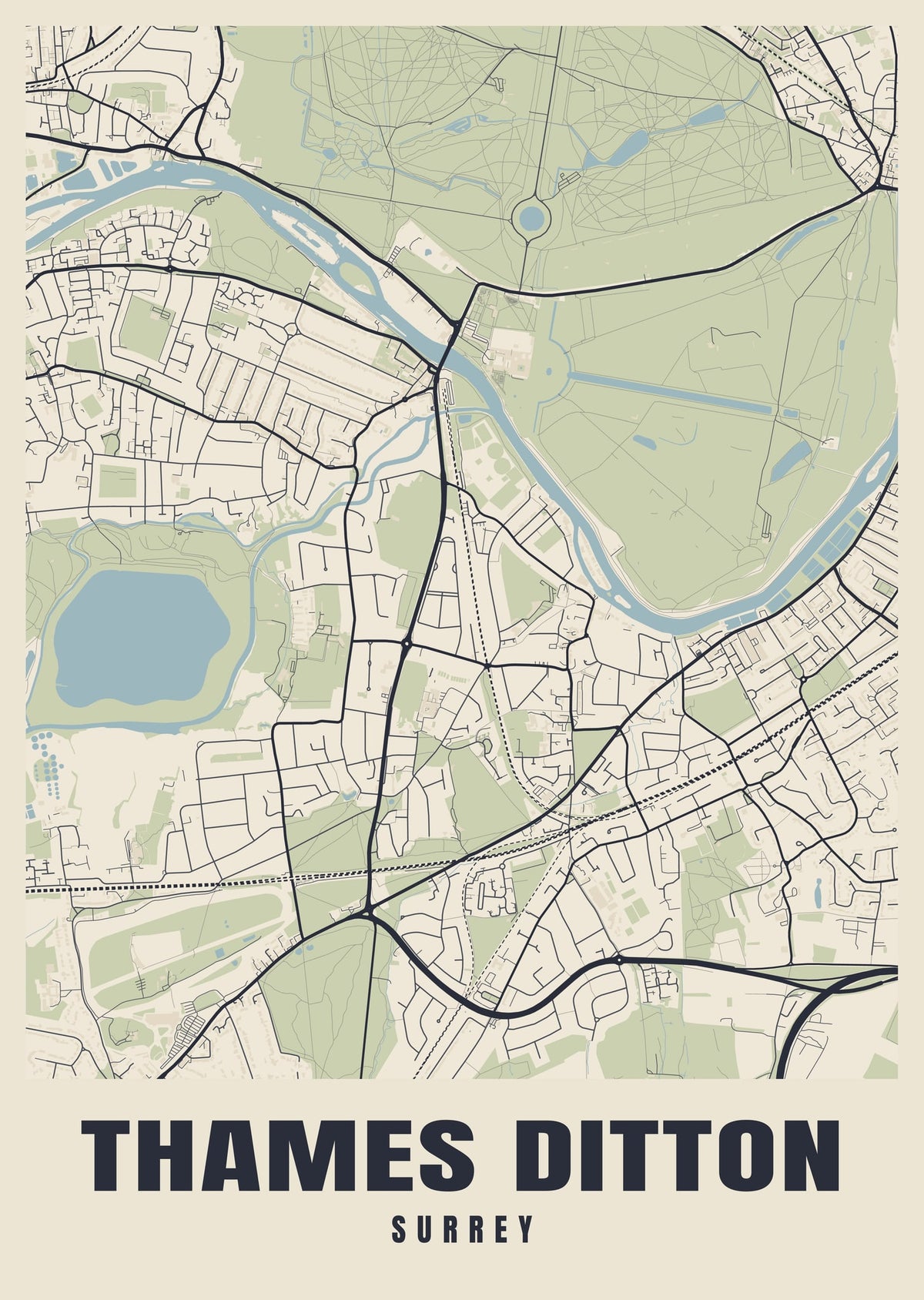 Street map poster of Thames Ditton, Surrey