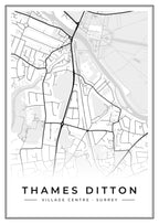 Street map poster of Thames Ditton village centre, Surrey