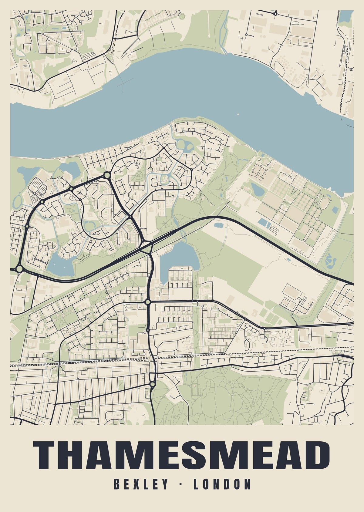 Heritage street map poster of Thamesmead, Bexley, London