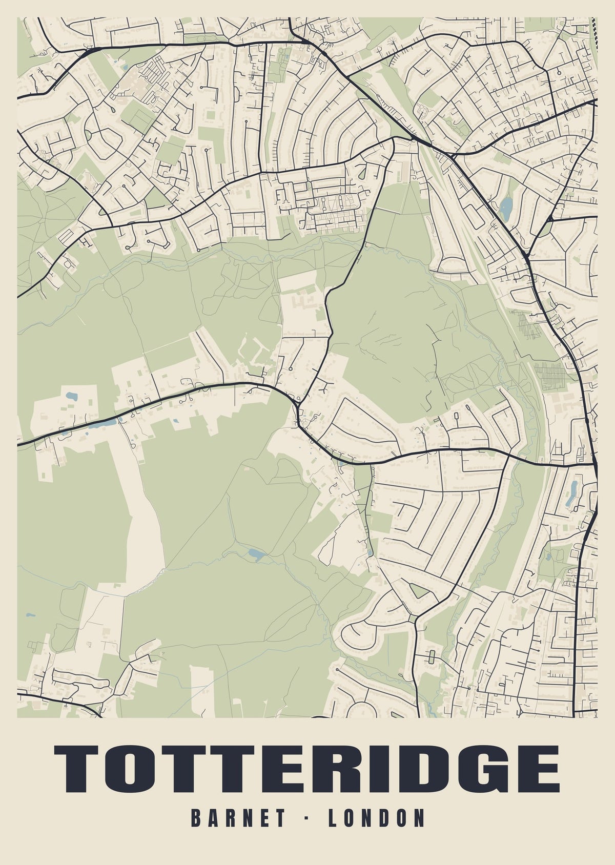 Heritage street map poster of Totteridge, Barnet, London