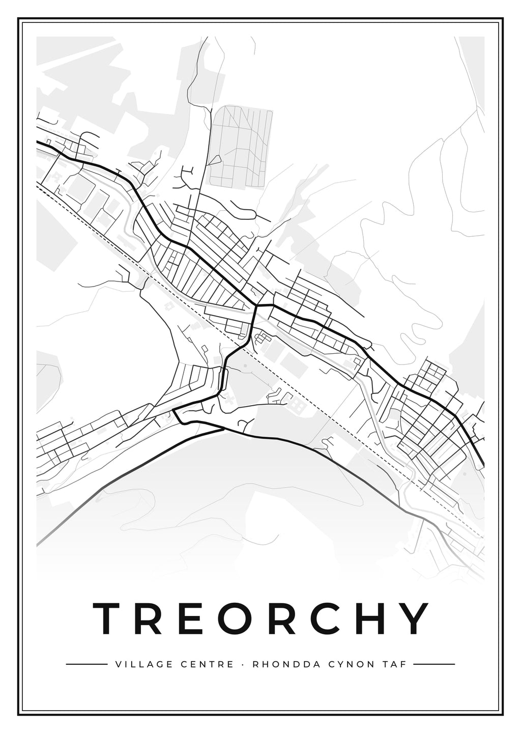 Street map poster of Treorchy village centre, Rhondda Cynon Taf