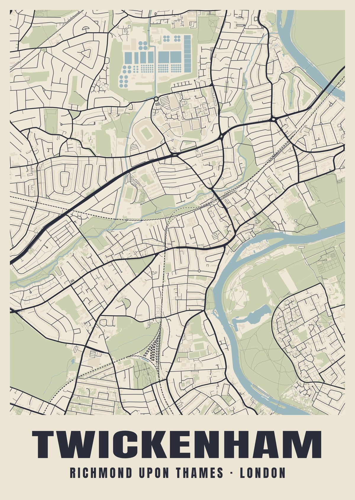Heritage street map poster of Twickenham, Richmond upon Thames, London