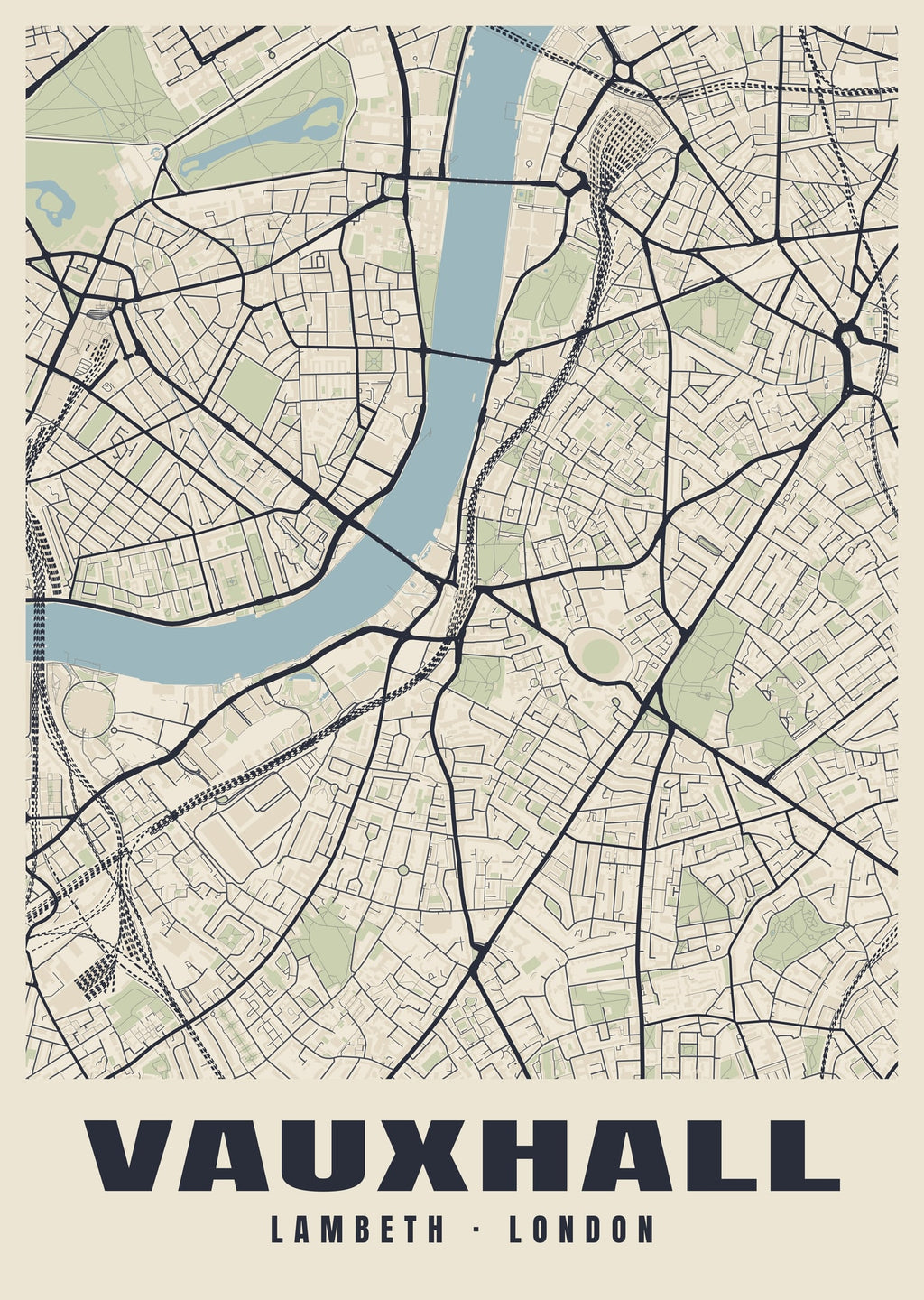Heritage street map poster of Vauxhall, Lambeth, London