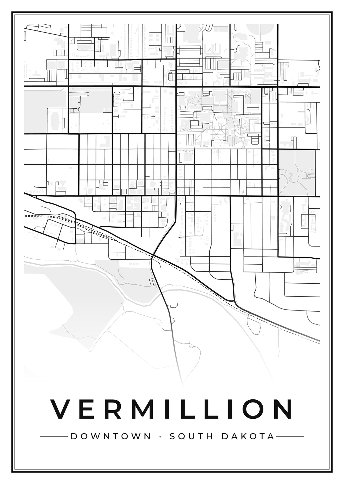 Street map poster of downtown Vermillion, South Dakota