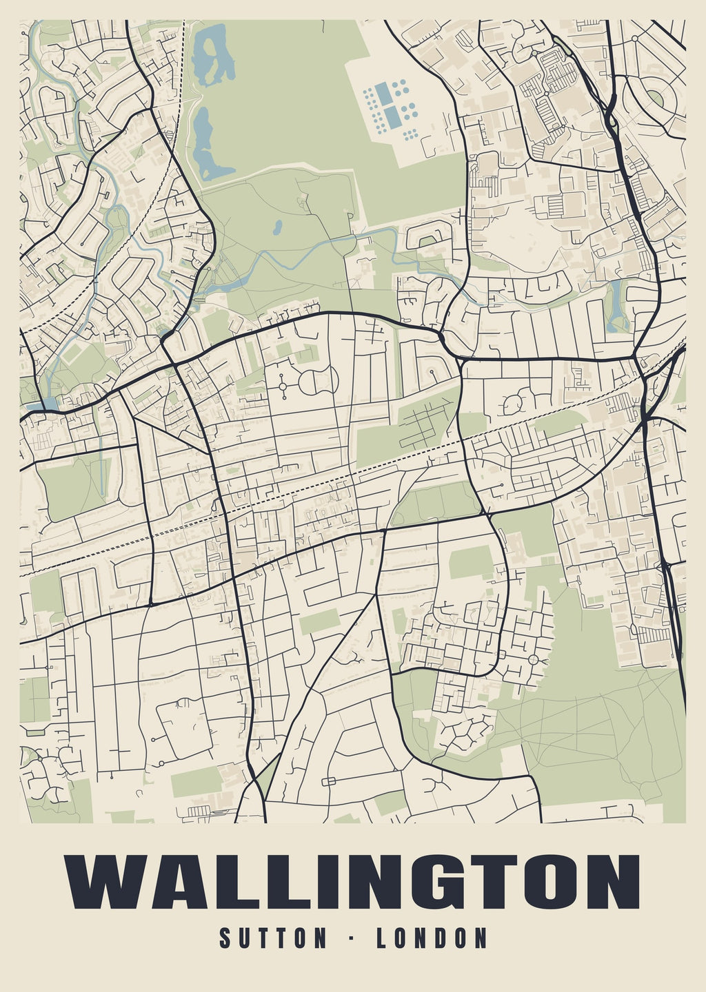 Heritage street map poster of Wallington, Sutton, London