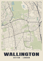 Heritage street map poster of Wallington, Sutton, London