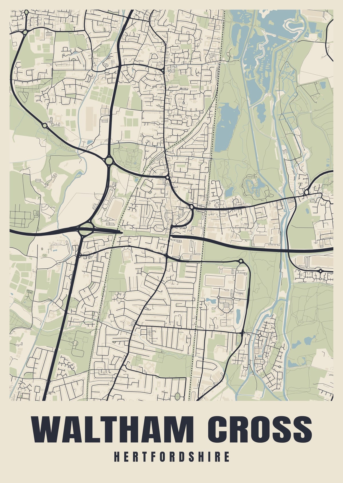 Street map poster of Waltham Cross, Hertfordshire