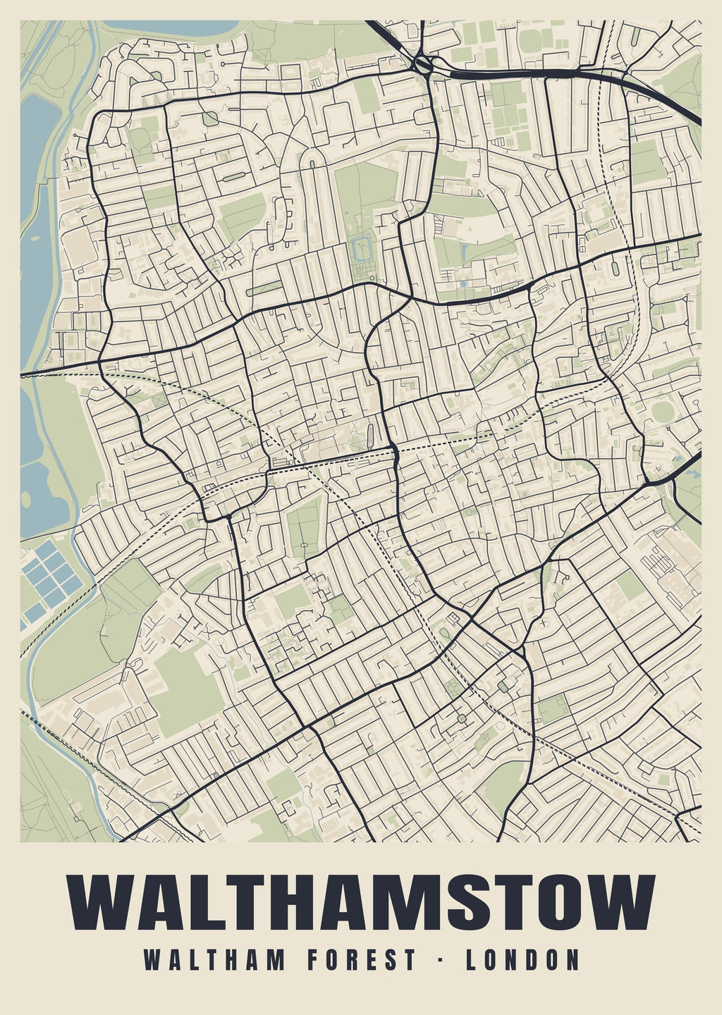 Heritage street map poster of Walthamstow, Waltham Forest, London