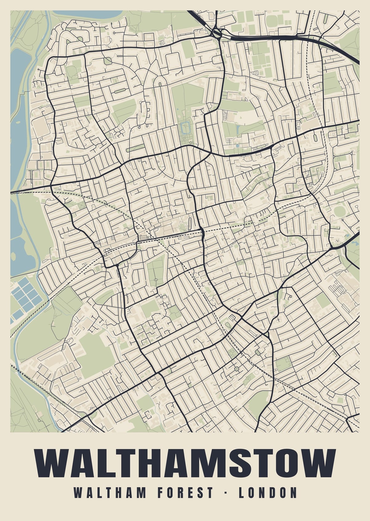 Heritage street map poster of Walthamstow, Waltham Forest, London