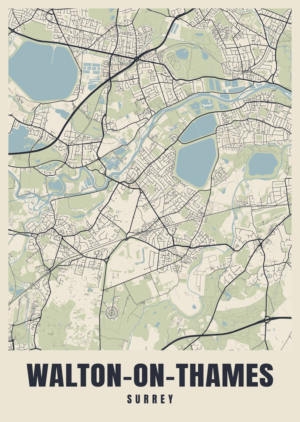 Street map poster of Walton-on-Thames, Surrey