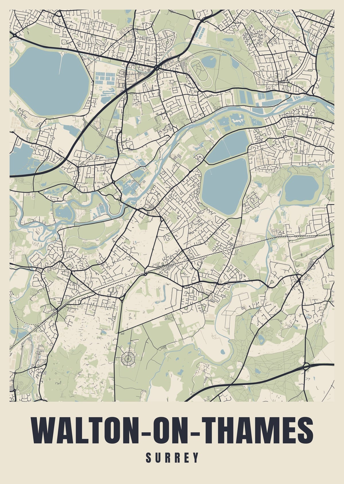 Street map poster of Walton-on-Thames, Surrey