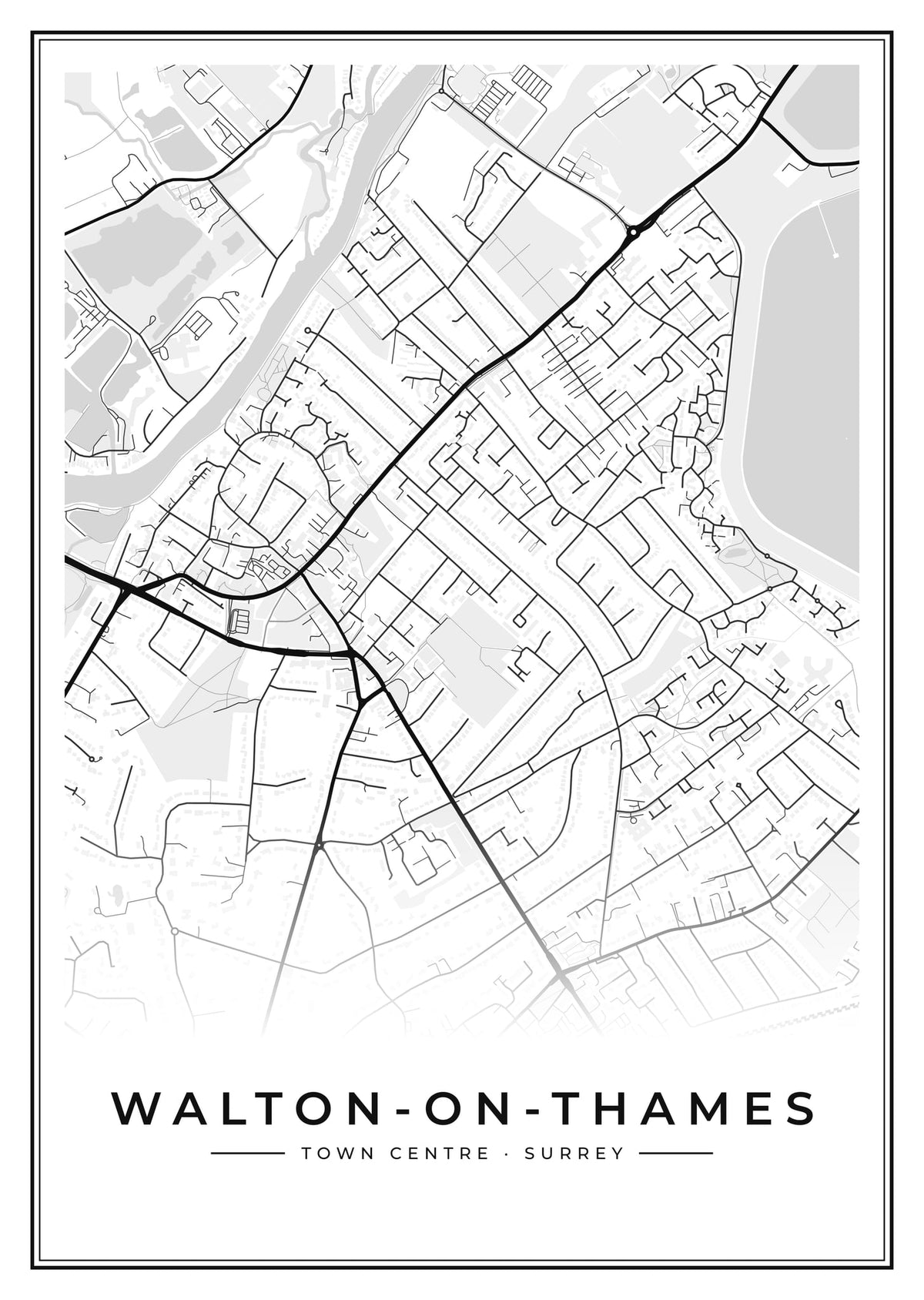 Street map poster of Walton-on-Thames town centre, Surrey