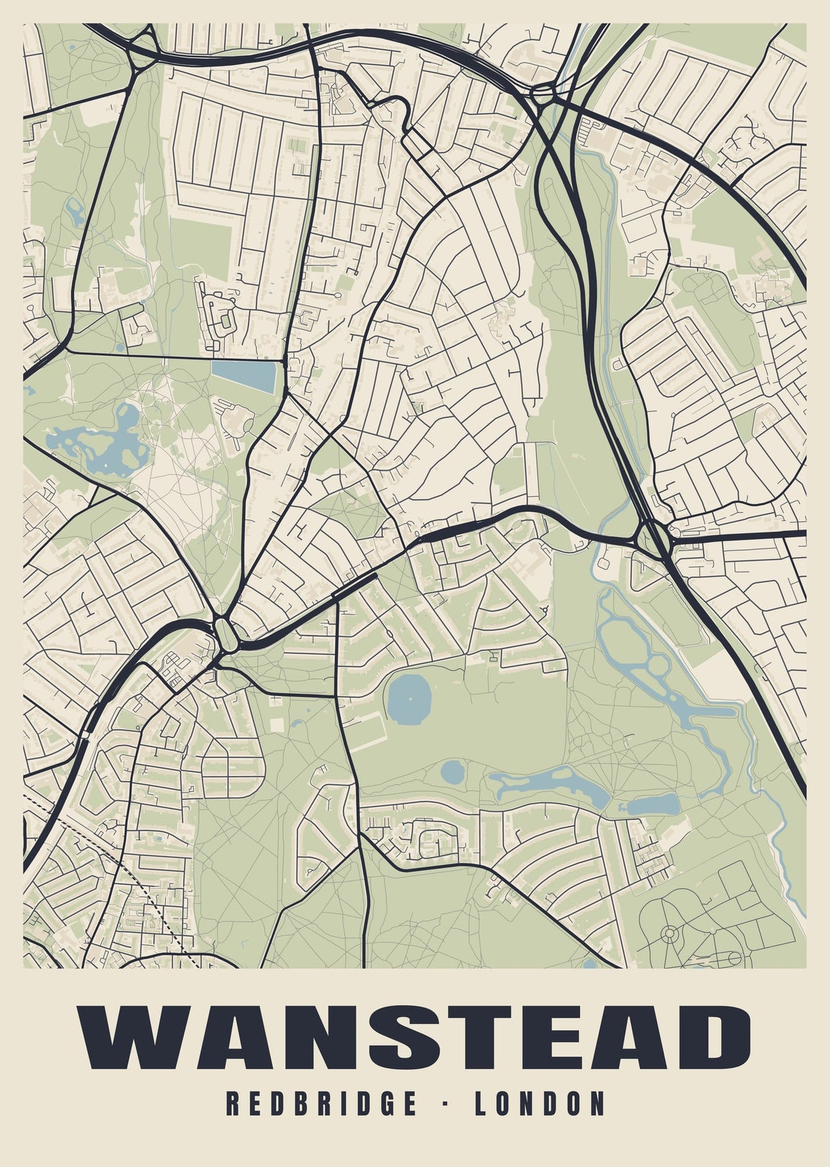 Heritage street map poster of Wanstead, Redbridge, London