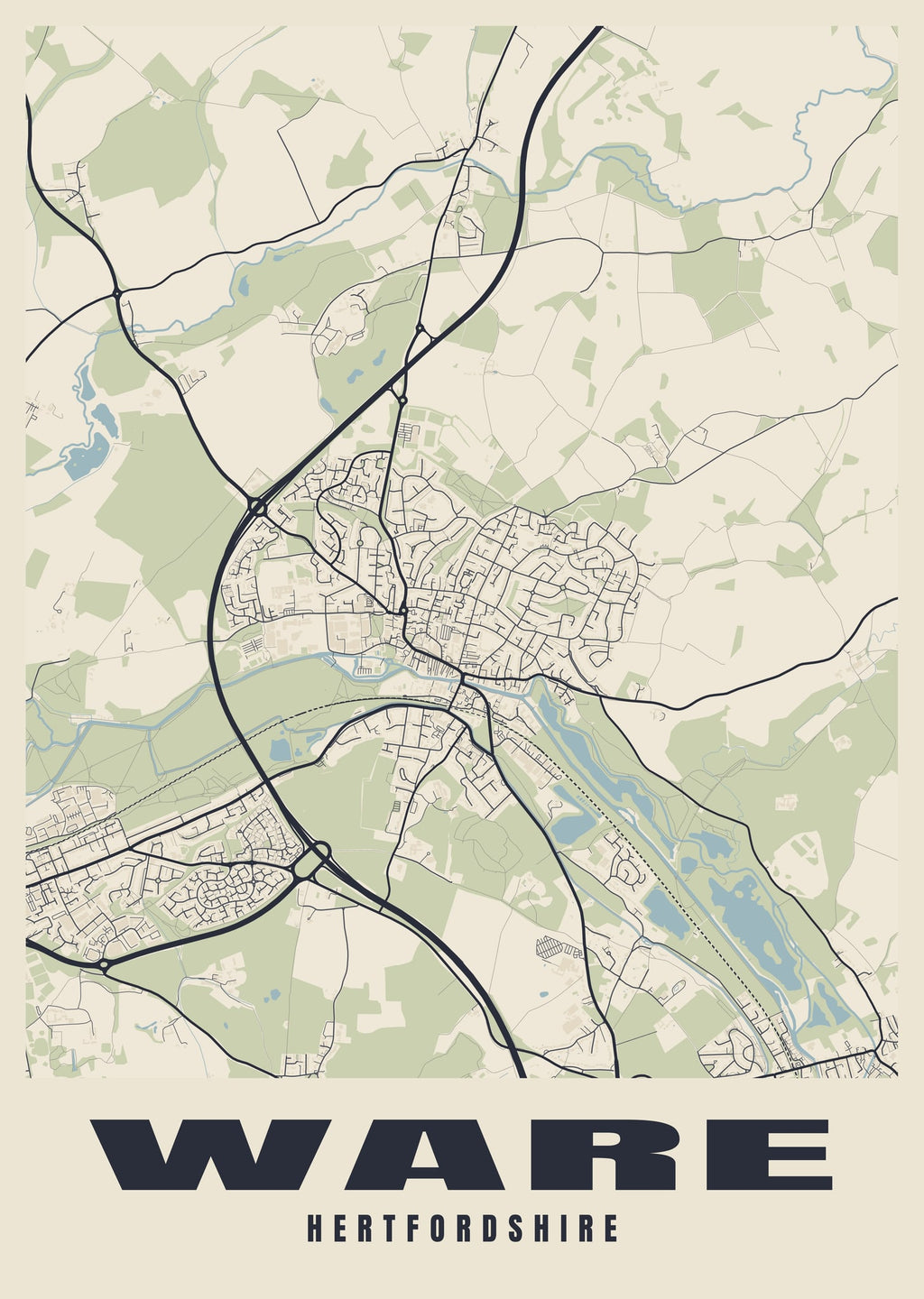 Street map poster of Ware, Hertfordshire