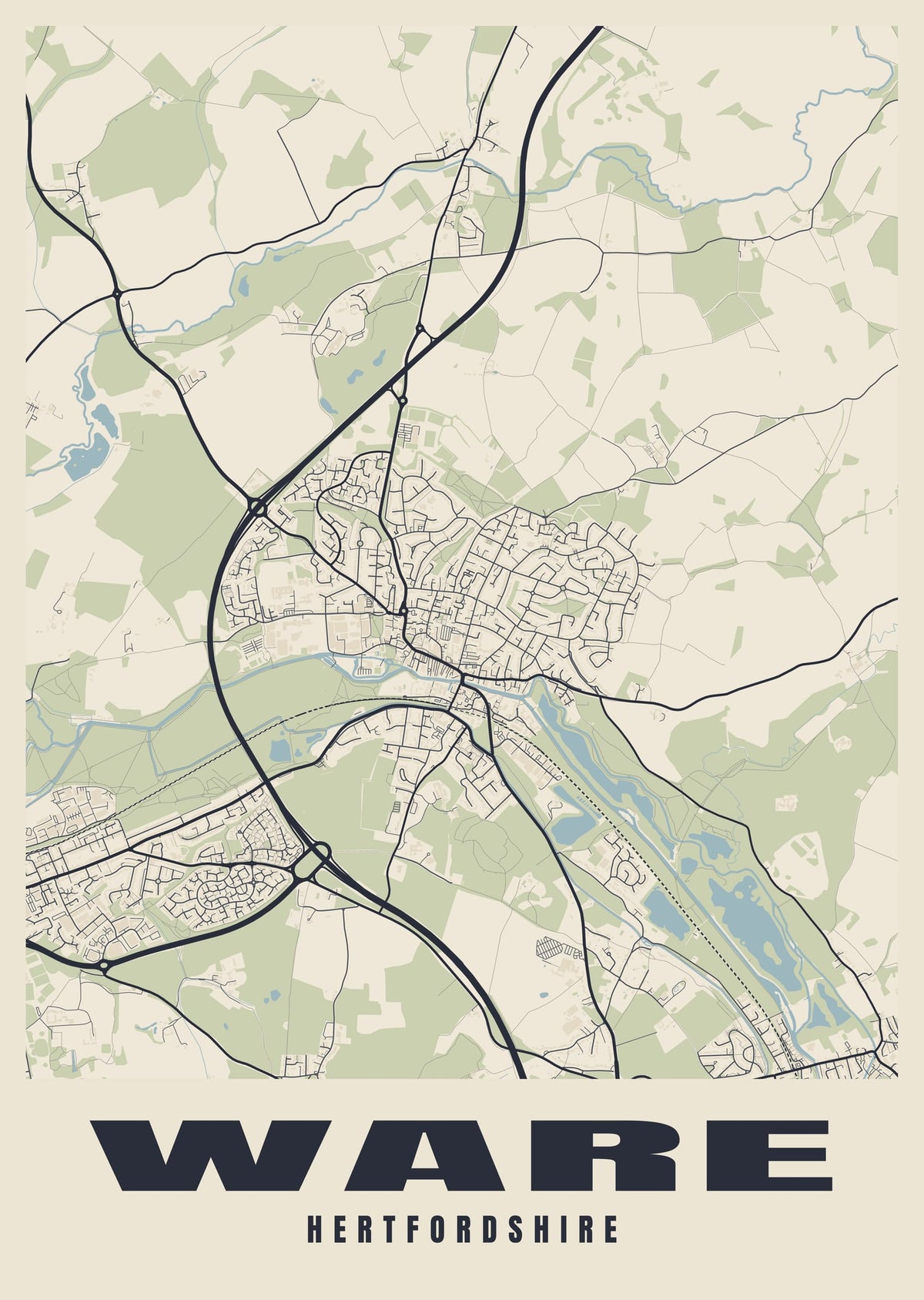 Street map poster of Ware, Hertfordshire