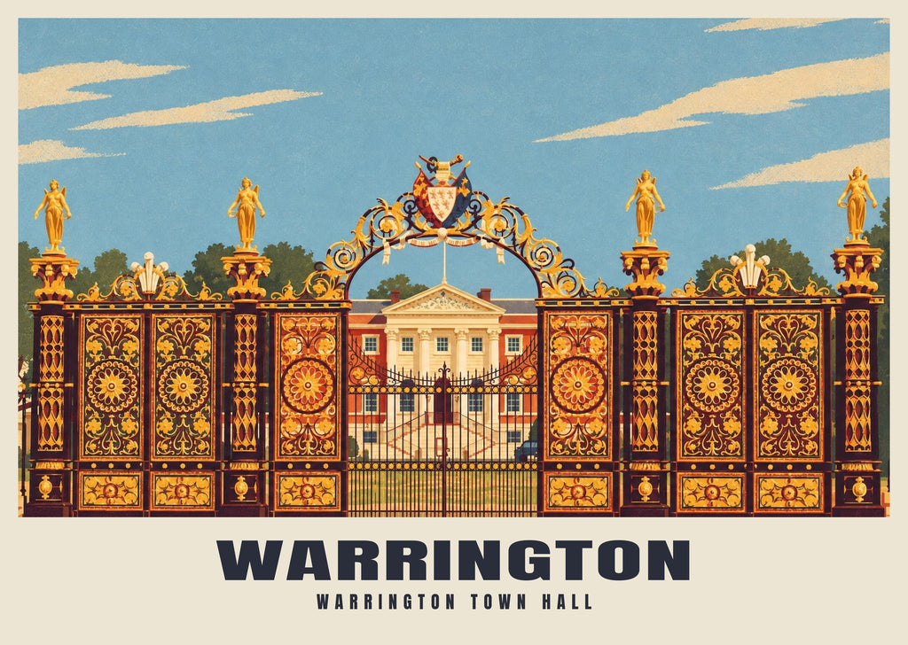 Warrington Town Hall poster, Retro Railway style