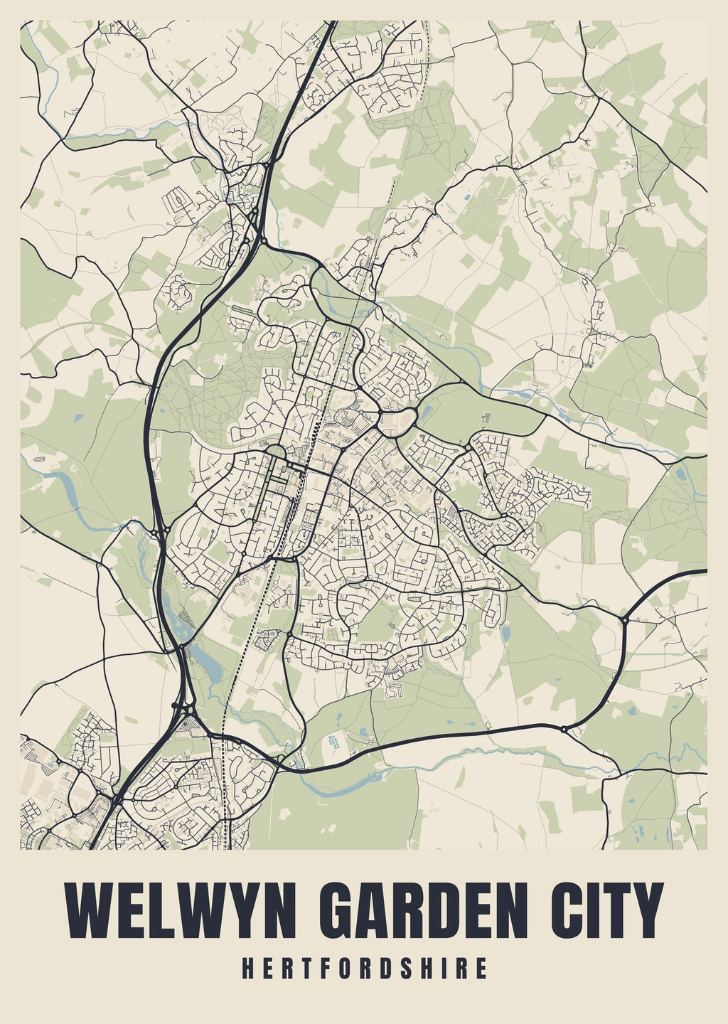 Street map poster of Welwyn Garden City, Hertfordshire